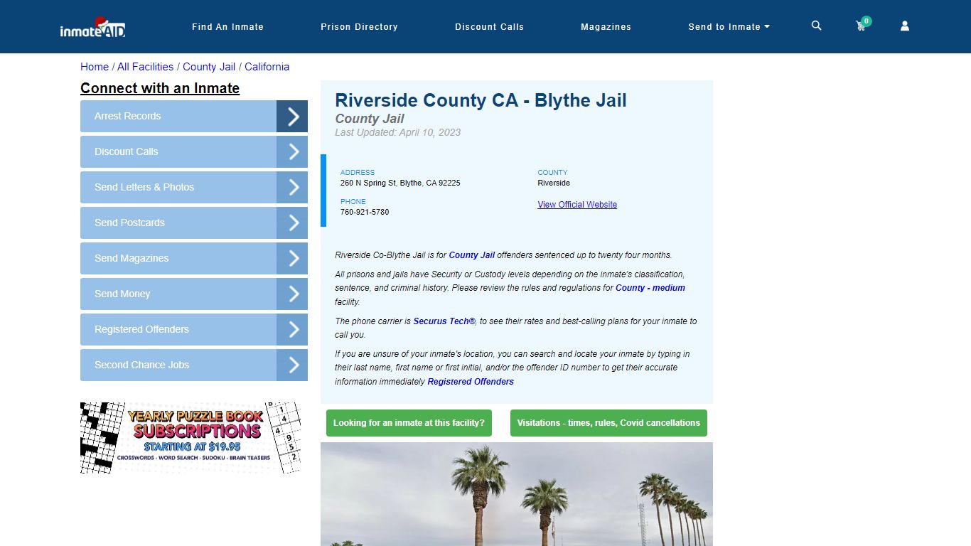 Riverside County CA - Blythe Jail - Inmate Locator - Blythe, CA